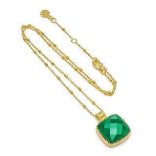 Tetra large square gemstone pendant with green onyx and 22k gold on recycled brass chain