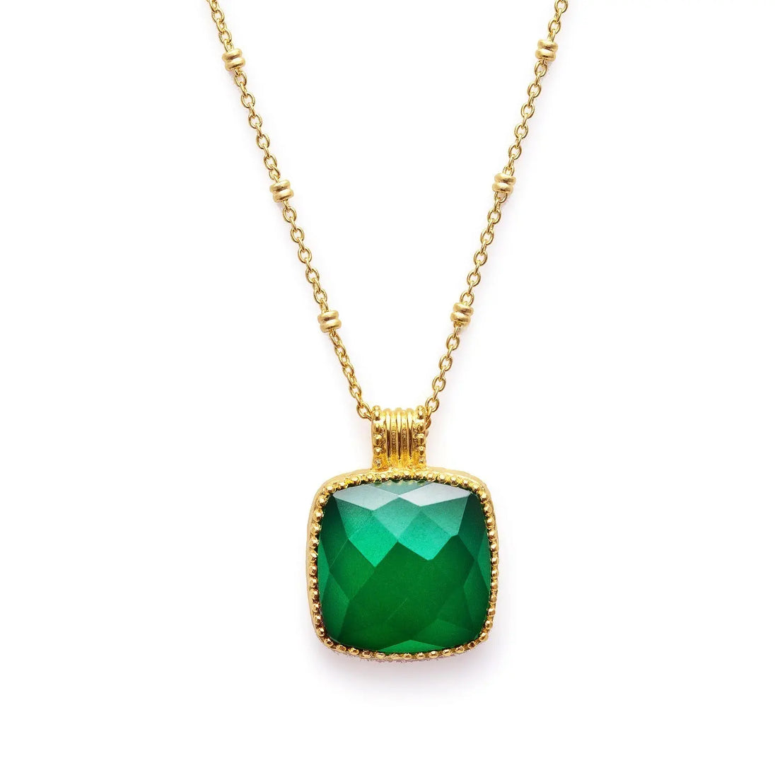 Tetra Large Square Gemstone Pendant with green onyx in 22K gold on brass chain