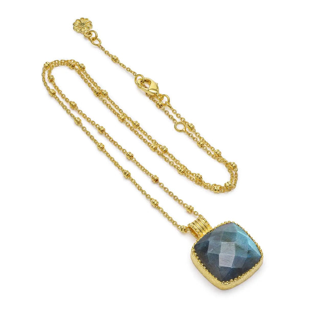 Tetra Large Square Gemstone Pendant with labradorite in 22k gold on brass chain, adjustable length 17-19 inches