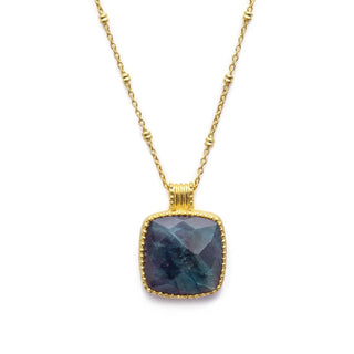 Tetra Large Square Gemstone Pendant with labradorite set in 22K gold on brass, adjustable chain necklace