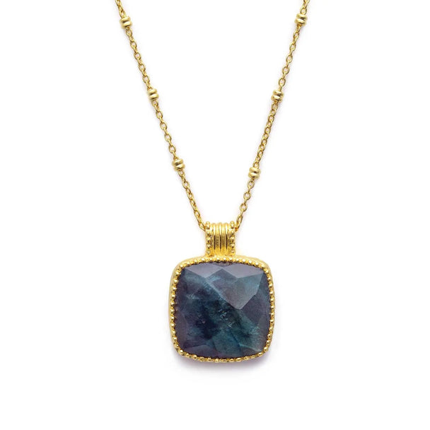 Tetra Large Square Gemstone Pendant with labradorite set in 22K gold on brass, adjustable chain necklace