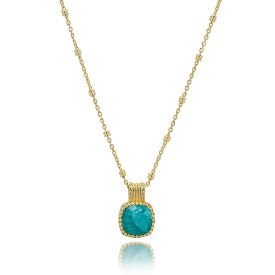 Tetra Square Gemstone Pendant featuring amazonite set in 22K gold on recycled brass with adjustable chain