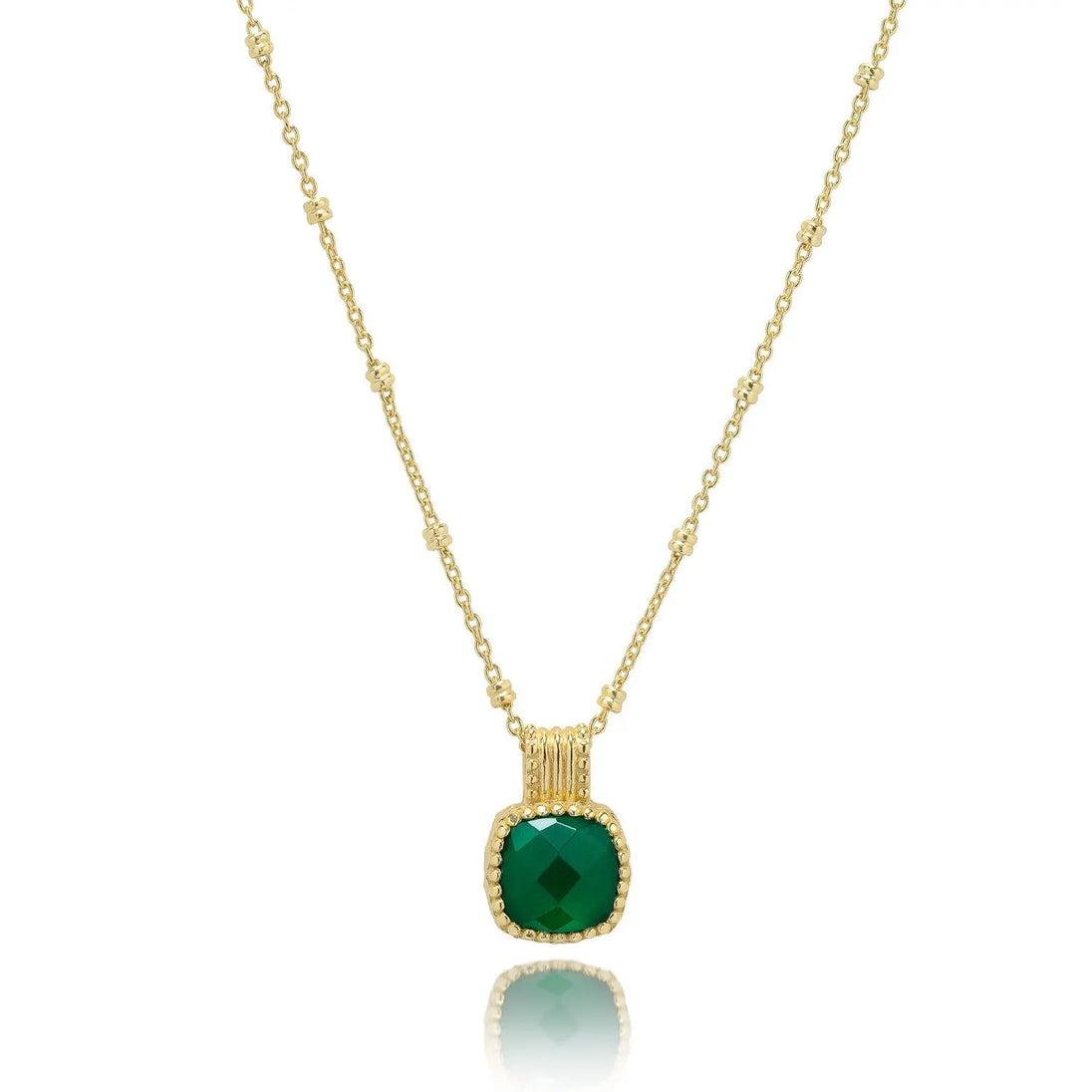 Tetra Square Gemstone Pendant with green onyx set in 22K gold on recycled brass chain