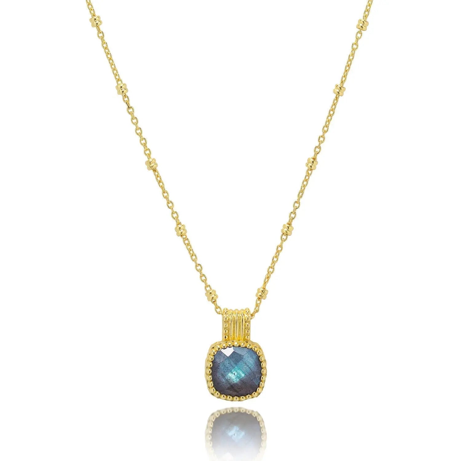 Tetra Square Gemstone pendant featuring labradorite set in 22K gold on recycled brass with adjustable chain
