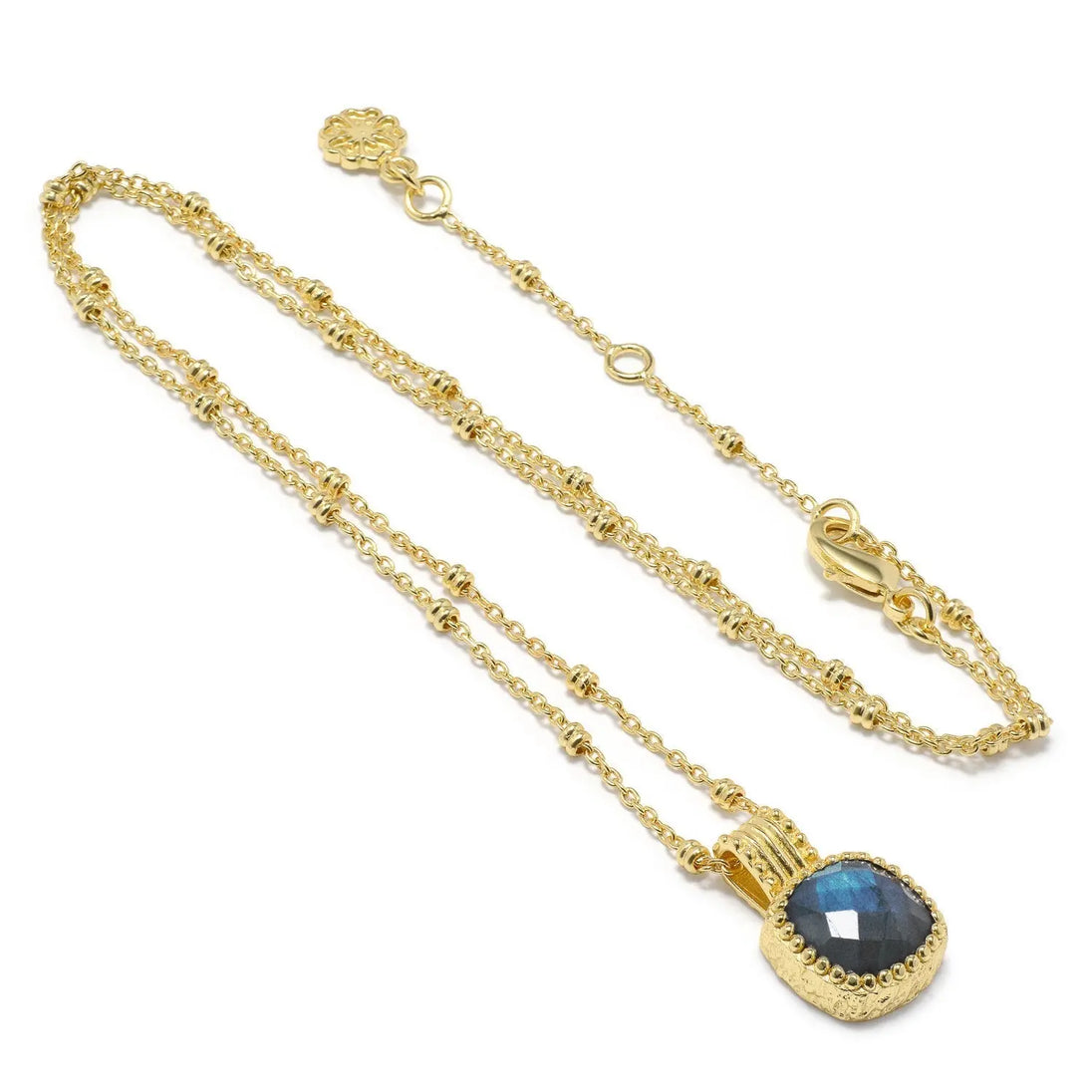 Tetra Square Gemstone Labradorite pendant with 22K gold on brass chain, adjustable 17-19 inches