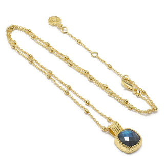 Tetra Square Gemstone Labradorite pendant with 22K gold on brass chain, adjustable 17-19 inches