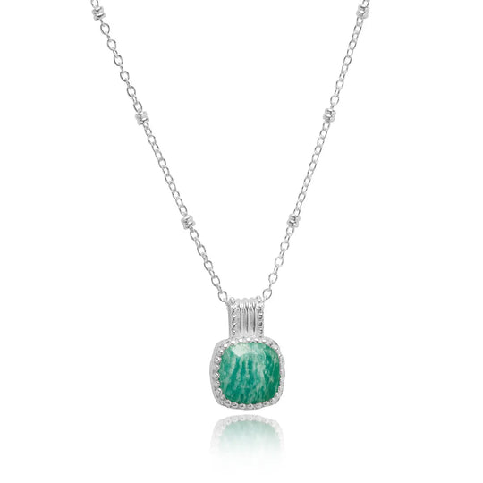 Tetra Square Gemstone Pendant with amazonite set in sterling silver on adjustable chain