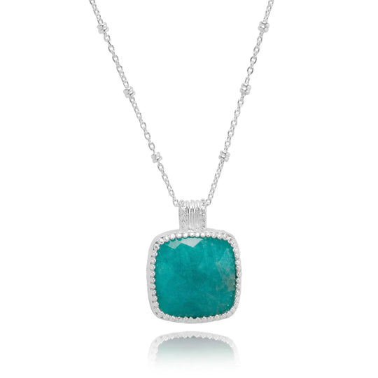 Tetra Large Square Gemstone Pendant with silver textured setting and blue amazonite stone on adjustable sterling silver chain