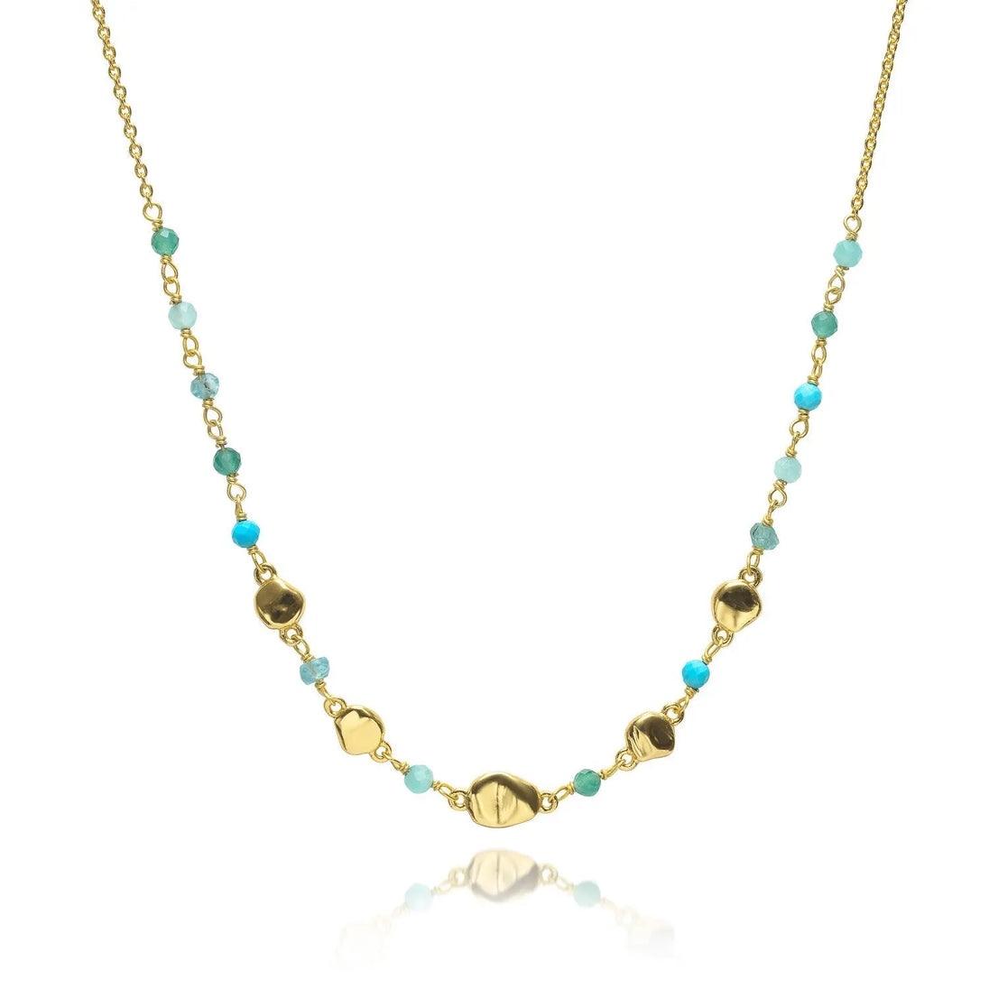 Sofia Nugget Necklace with gold chain and multicolored Amazonite, Apatite, Turquoise, and Green White Jade gemstones