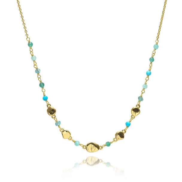 Sofia Nugget Necklace with gold chain and multicolored Amazonite, Apatite, Turquoise, and Green White Jade gemstones