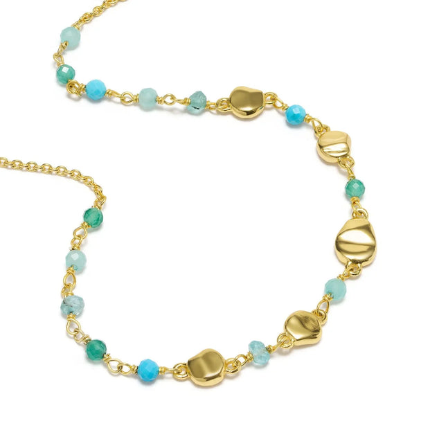 Sofia Nugget Necklace featuring gold nuggets and turquoise, amazonite, apatite, and green white jade gemstones on adjustable 22K gold plated chain