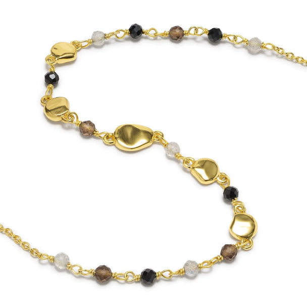 Sofia Nugget Necklace with black onyx, smoky quartz, labradorite, and 22K gold on recycled brass chain