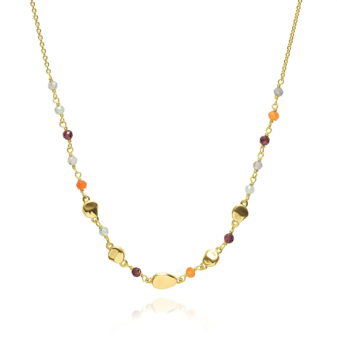 Sofia Nugget Necklace with Labradorite, Carnelian, Green Aventurine, Garnet, and 22K gold on recycled brass chain