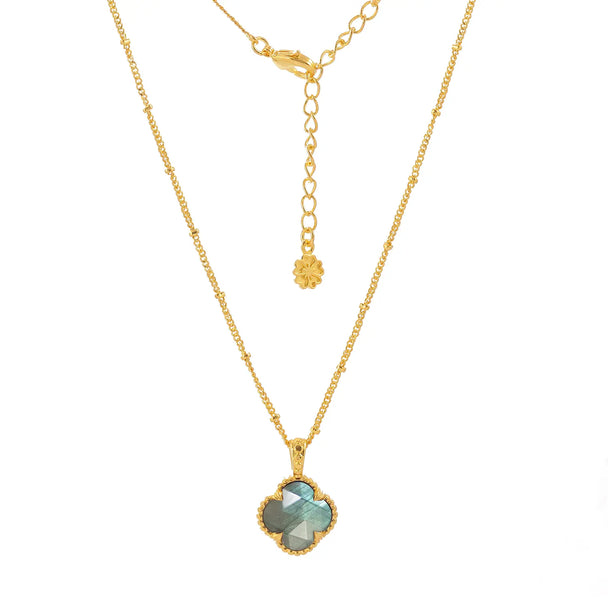 Tyche Gemstone Necklace featuring labradorite pendant on 22k gold plated adjustable chain with clover design detail