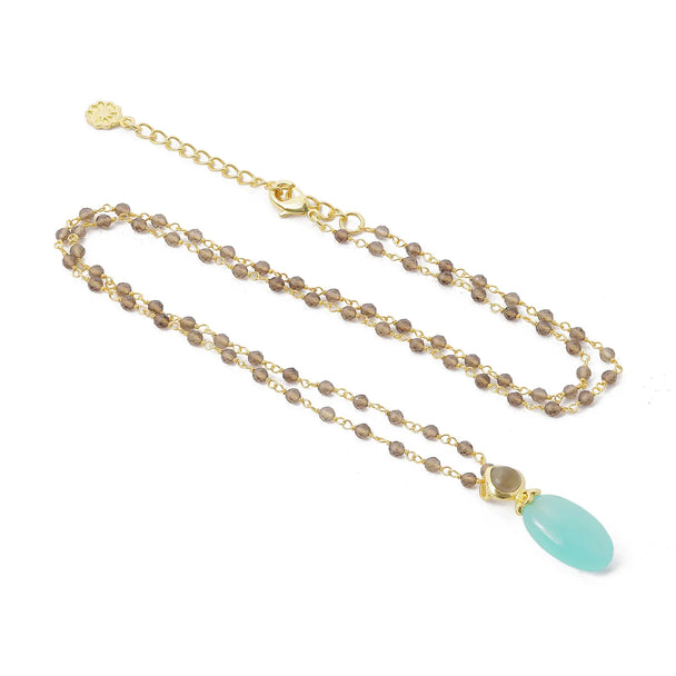 Persephone Double Gemstone beaded necklace with Pariba Onyx and Smoky Quartz on 22K gold brass chain