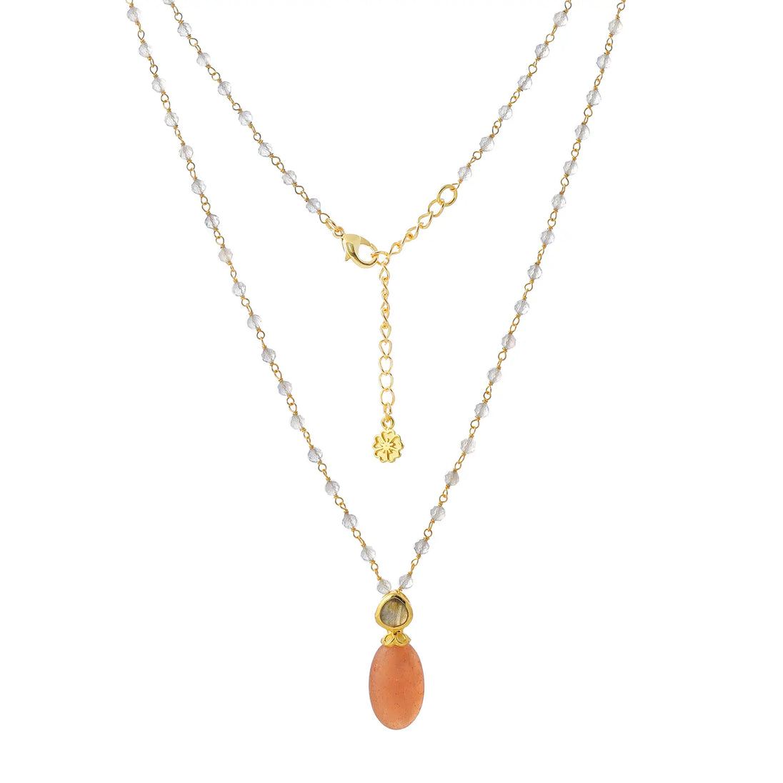 Persephone double gemstone beaded chain necklace with peach moonstone and labradorite pendant on 22K gold recycled brass chain