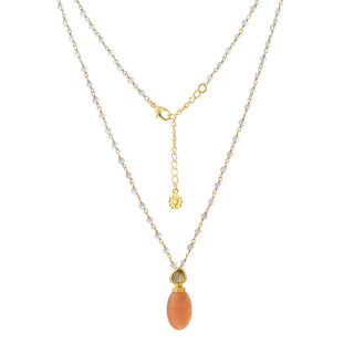 Persephone double gemstone beaded chain necklace with peach moonstone and labradorite pendant on 22K gold recycled brass chain