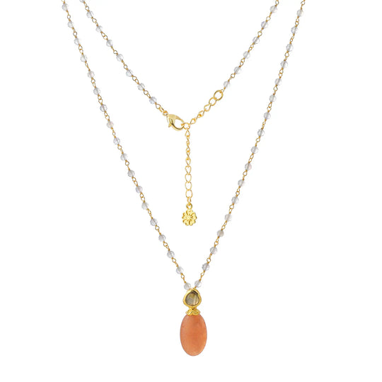 Persephone double gemstone beaded chain necklace with peach moonstone and labradorite pendant on 22K gold recycled brass chain