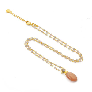 Persephone double gemstone beaded chain necklace with peach moonstone and labradorite on gold-plated recycled brass chain