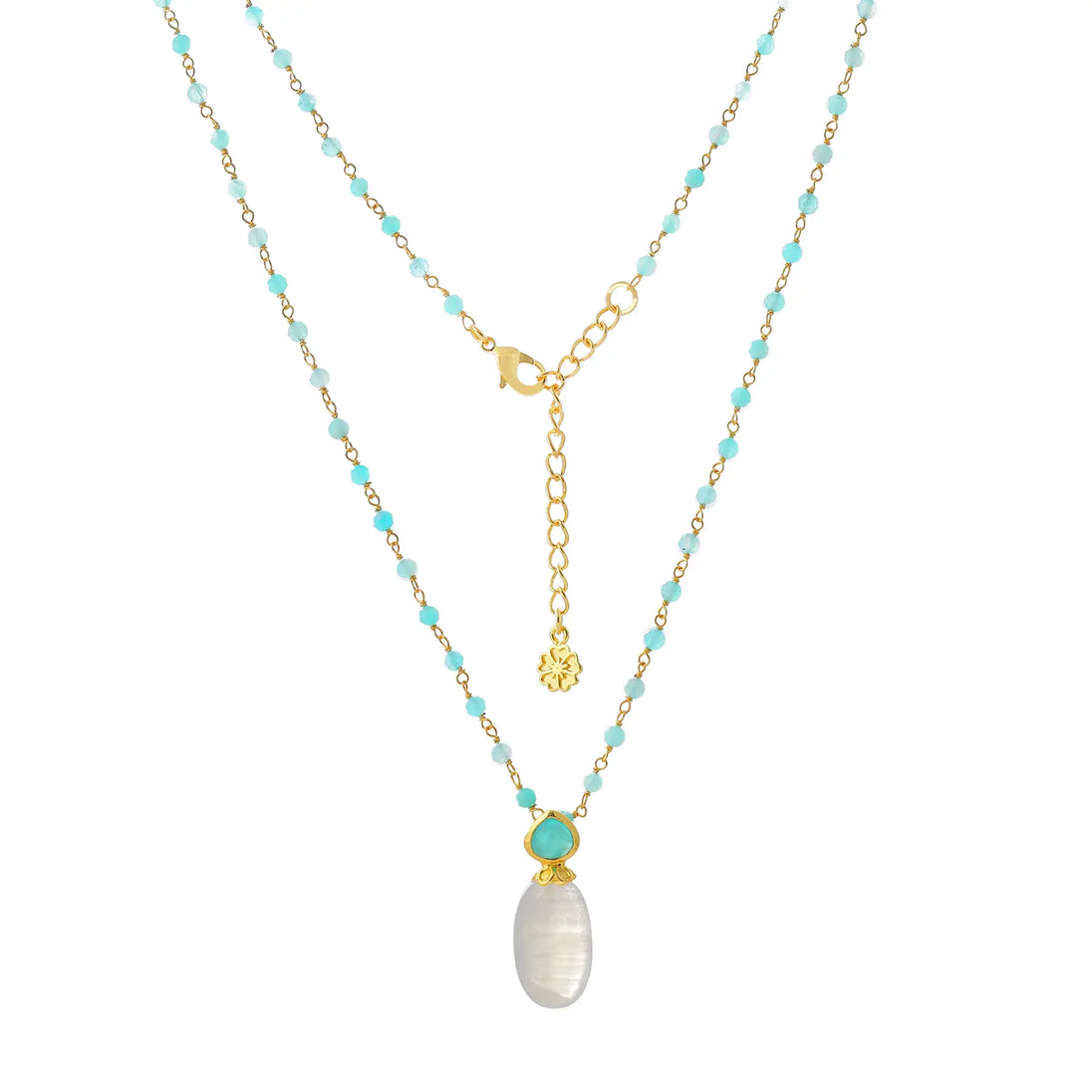 Persephone Double Gemstone necklace with moonstone and amazonite beads on 22K gold plated chain