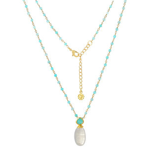 Persephone Double Gemstone necklace with moonstone and amazonite beads on 22K gold plated chain