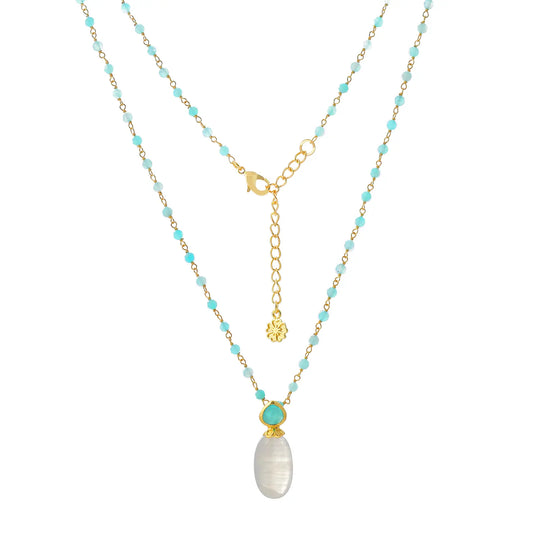 Persephone Double Gemstone necklace with moonstone and amazonite beads on 22K gold plated chain
