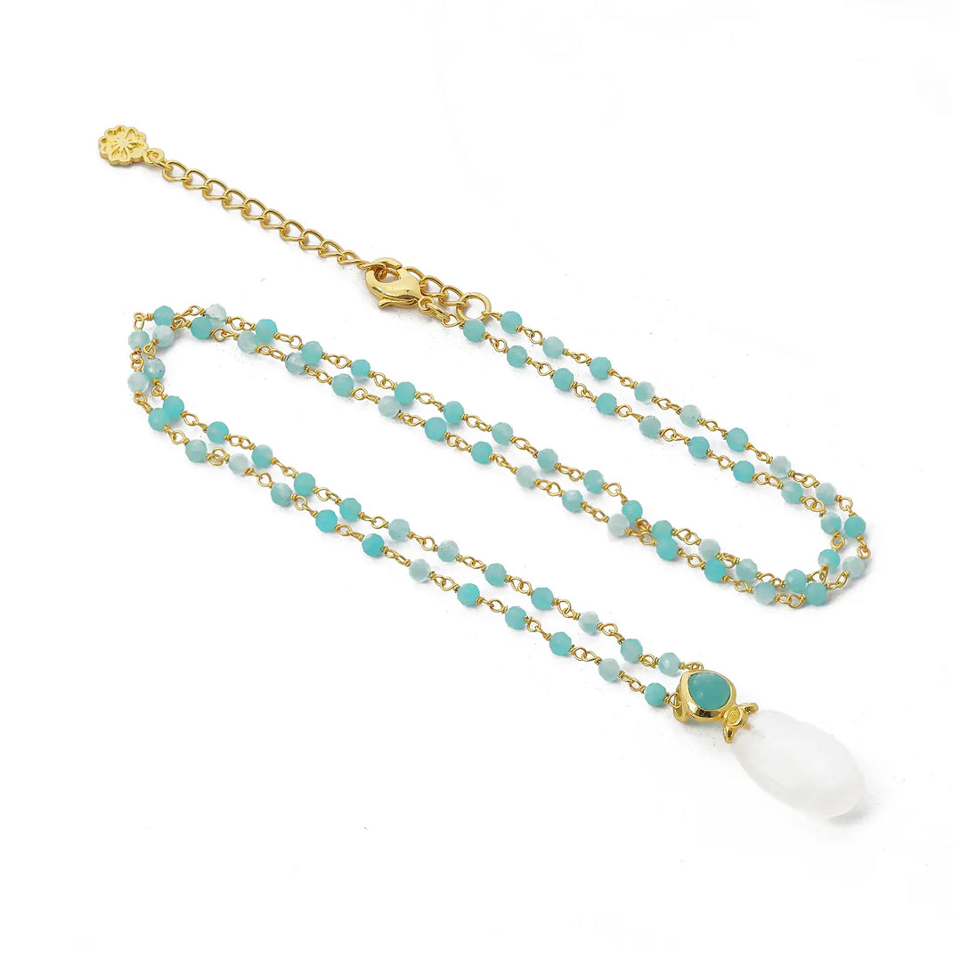 Persephone Double Gemstone necklace with moonstone and amazonite beads on 22K gold chain