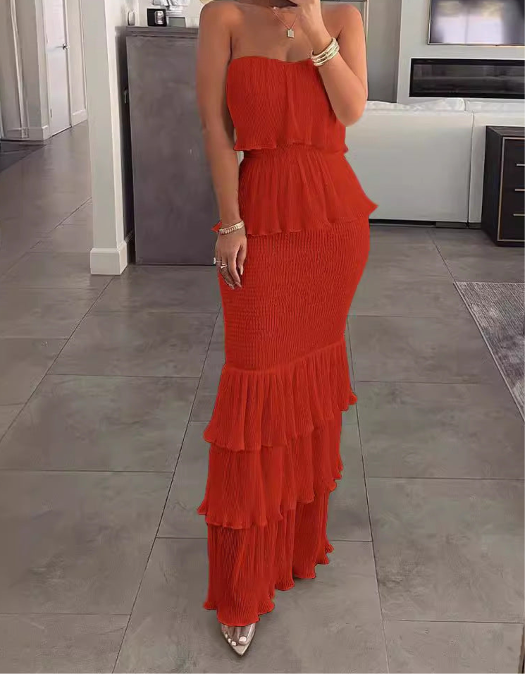 Strapless ruffle maxi dress with elegant and flowing design.