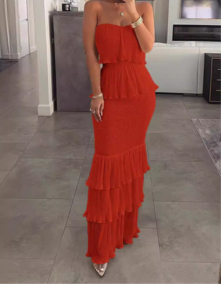 Strapless ruffle maxi dress with elegant and flowing design.