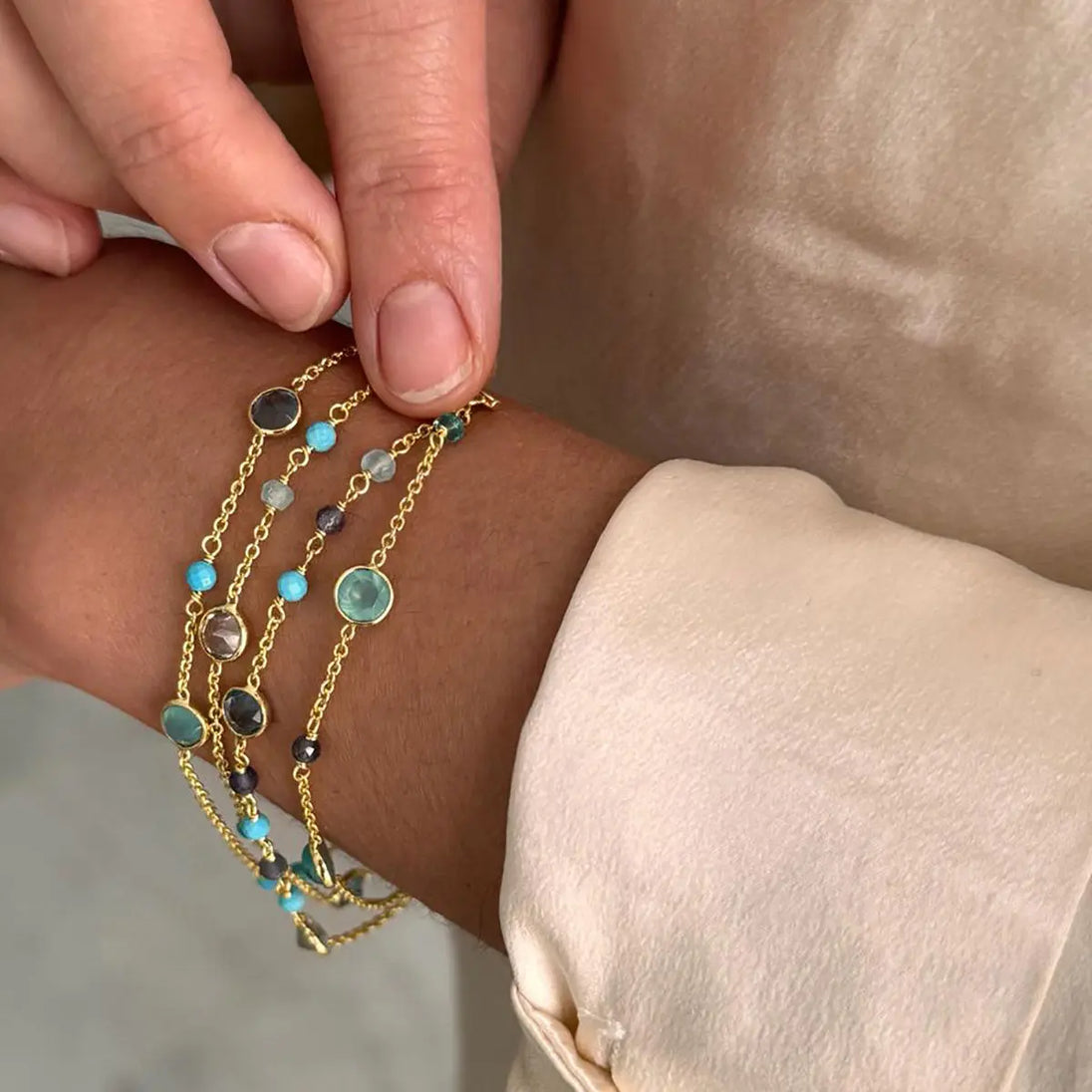 Hydra Multi-Strand Bracelet | Azuni London 22K Gold | Moonstone Rose Quartz Pink Jade Azuni London