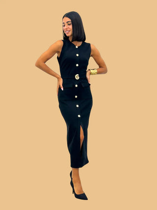 Black Bodycon Belted Midi Pencil Dress With Gold Buttons The FEO Collection