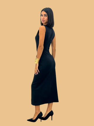Black Bodycon Belted Midi Pencil Dress With Gold Buttons The FEO Collection