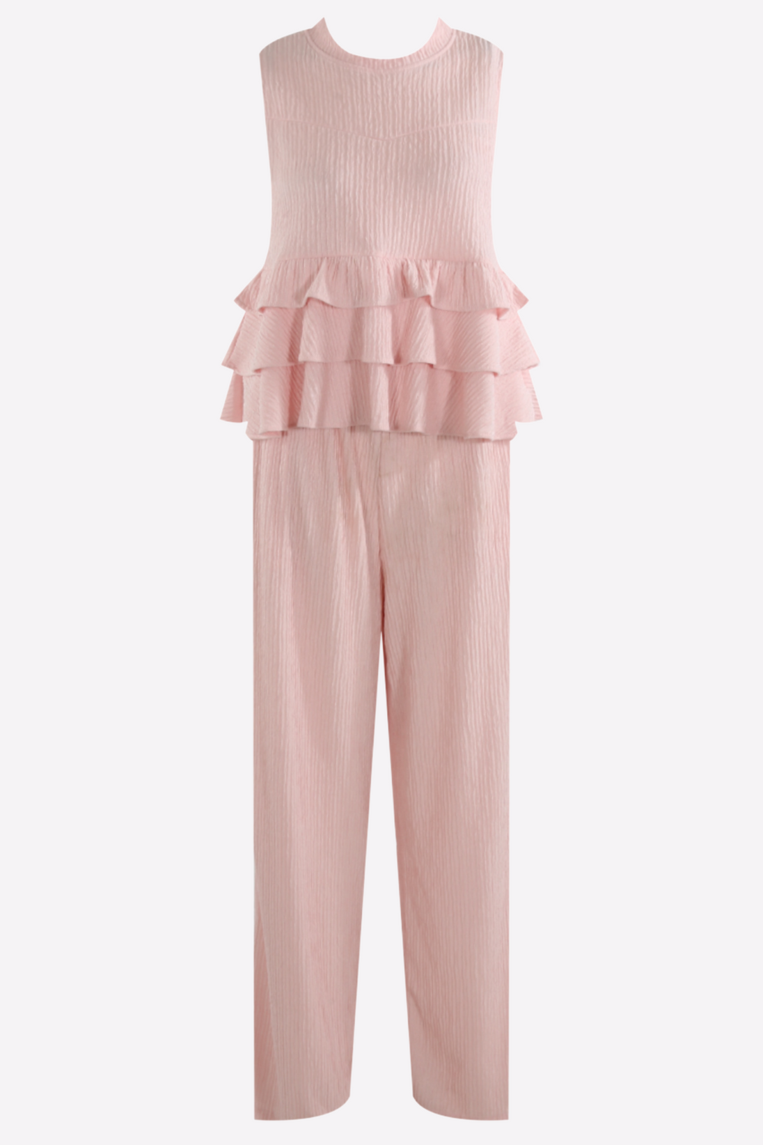 Pink high neck frill blouse with matching flared pants co-ord set for women