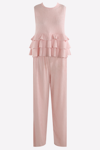 Pink high neck frill blouse with matching flared pants co-ord set for women