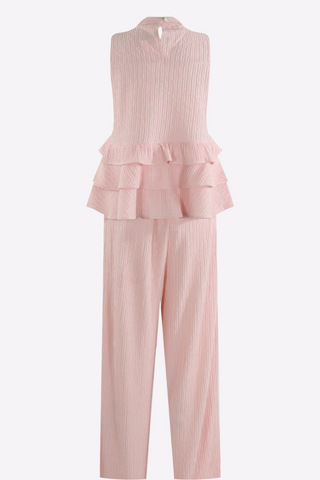 Pink high neck frill blouse with matching flared pants co-ord set for women