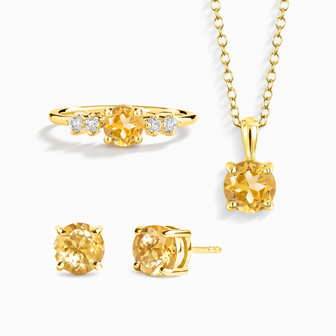 Citrine Everyday Jewellery gift set in 18k gold vermeil with necklace, ring, and stud earrings featuring round cut citrine gemstones