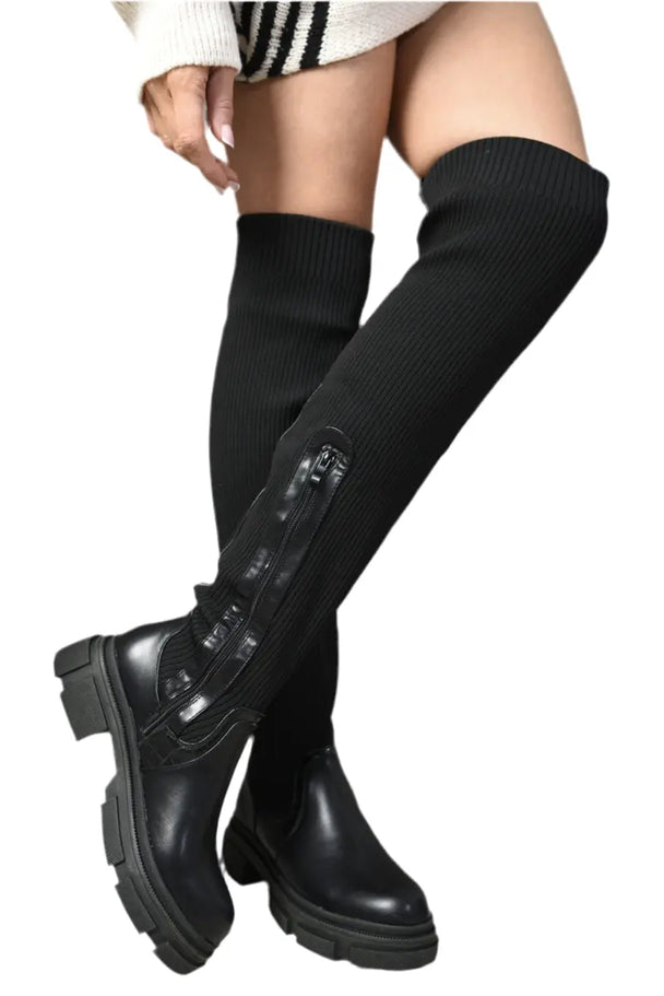 Knitted Platform Over The Knee Chunky Boots Kenike
