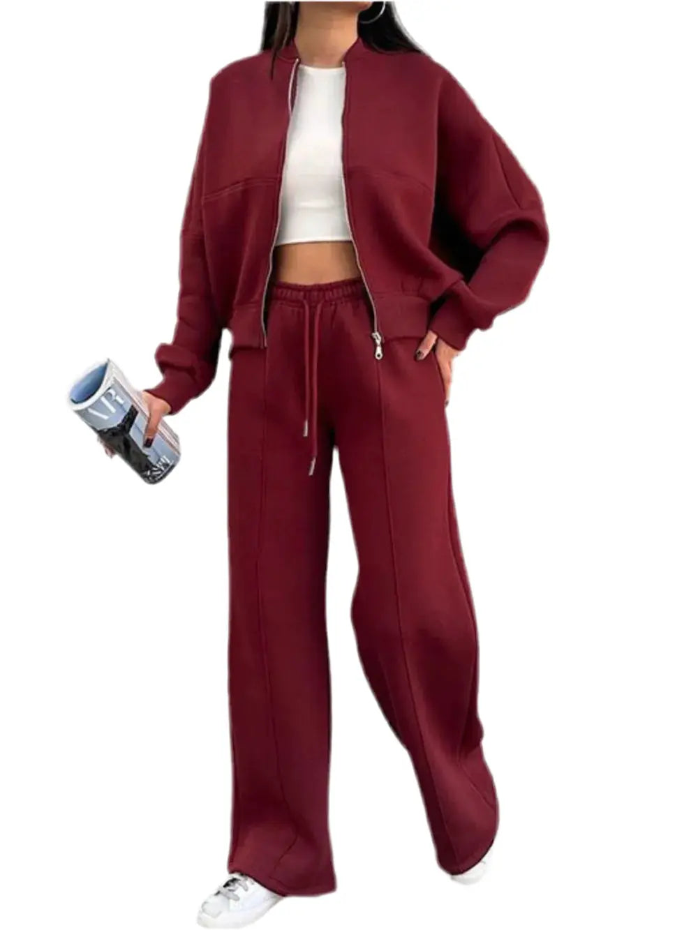 Maroon baseball collar zip up outerwear and drawstring pants set with slightly stretchy fabric and thin fuzzy lining
