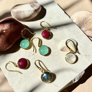 Charis Round Gemstone Earrings featuring labradorite set in 22K gold on recycled brass with round drop design
