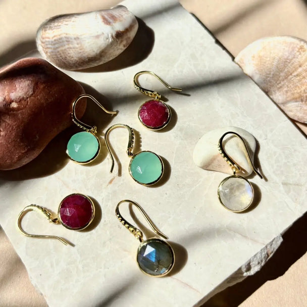 Charis Round Gemstone Earrings featuring labradorite set in 22K gold on recycled brass with round drop design