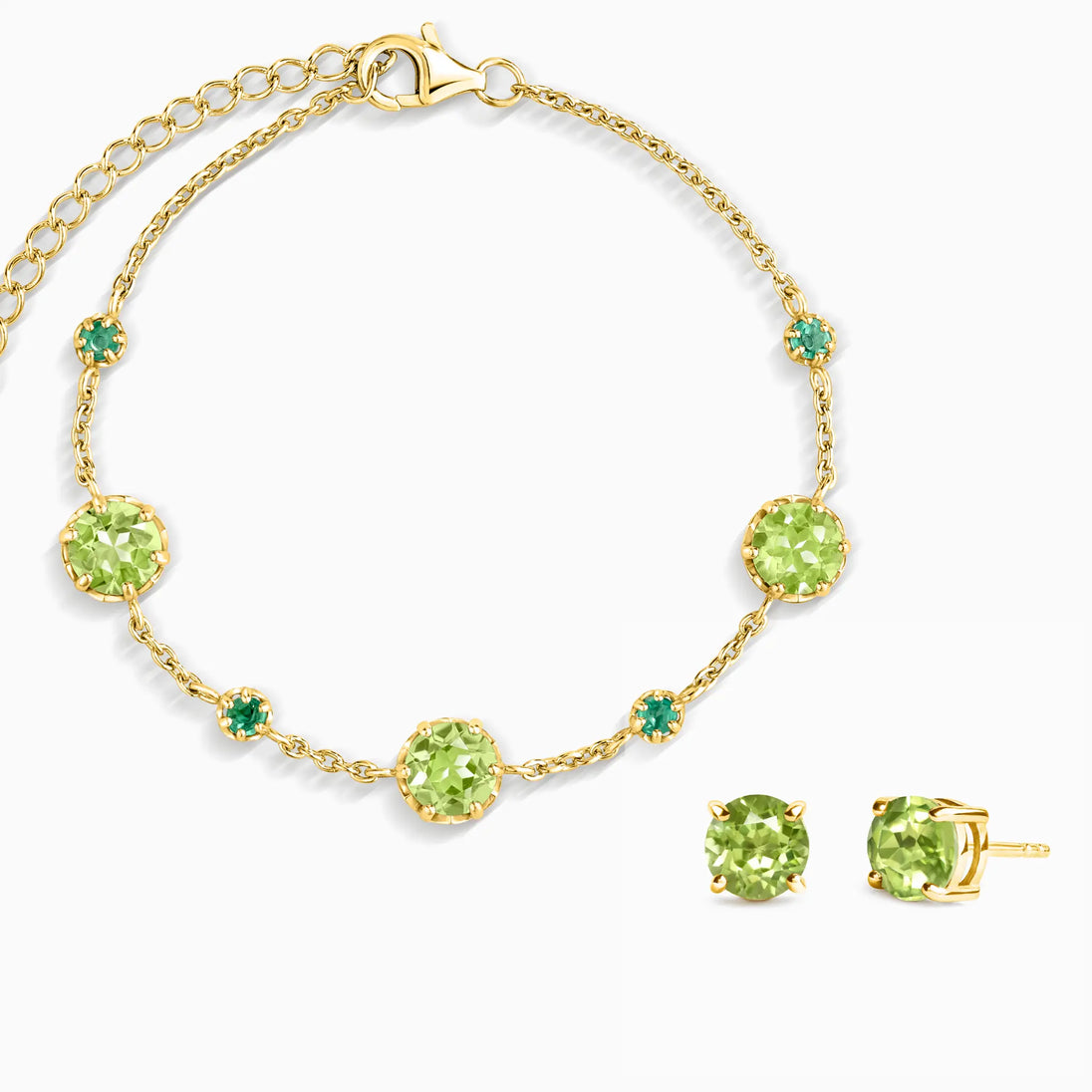 Emerald and peridot jewelry set with bracelet and stud earrings in 18k gold vermeil