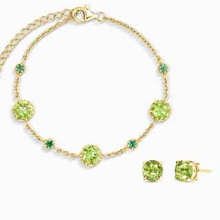 Emerald and peridot jewelry set with bracelet and stud earrings in 18k gold vermeil