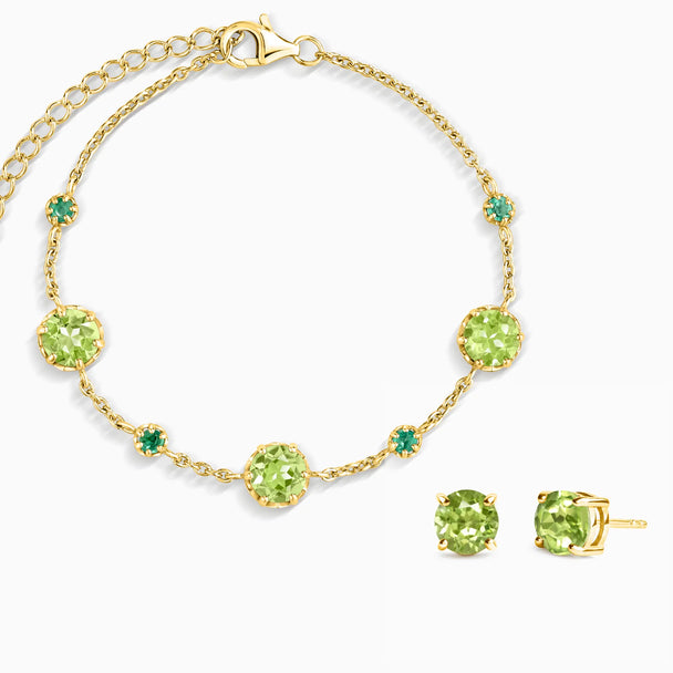 Emerald and peridot jewelry set with bracelet and stud earrings in 18k gold vermeil