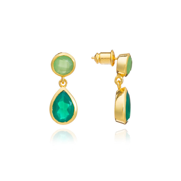 Gold double gemstone drop earrings with green onyx and prenite set in 22k gold on recycled brass