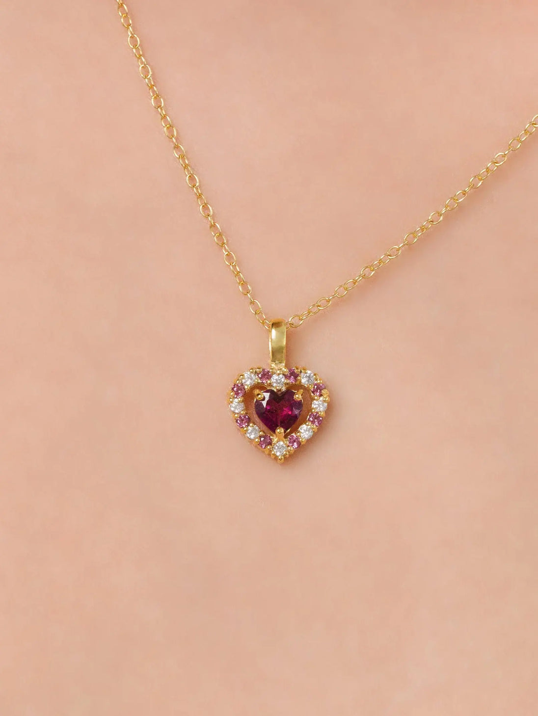 Red heart rhodolite garnet pendant necklace in 18k gold vermeil with simulated diamonds