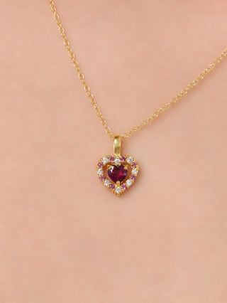 Red heart rhodolite garnet pendant necklace in 18k gold vermeil with simulated diamonds