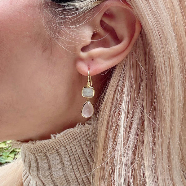 Charis Double Gemstone Earrings Moonstone & Rose Quartz Azuni London