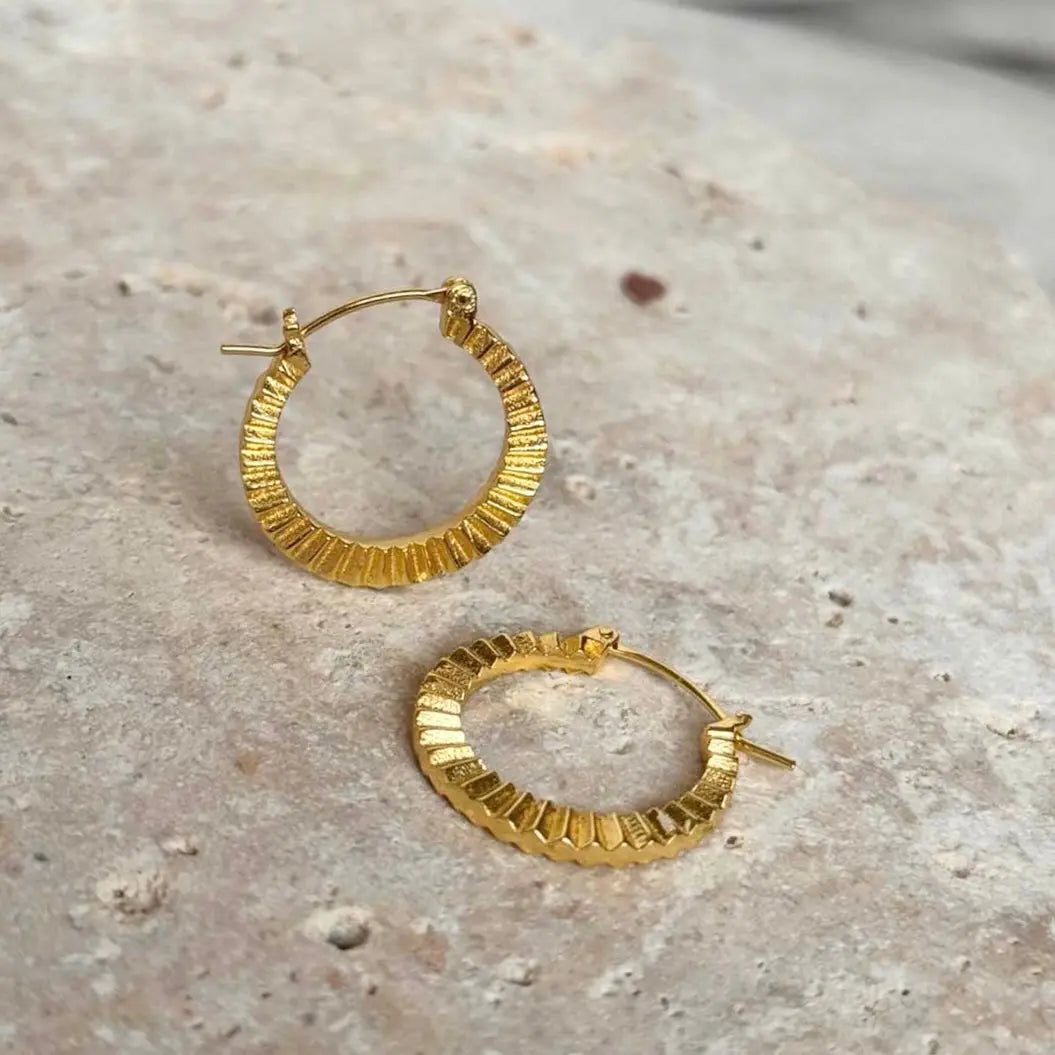 Kea Ridged Gold Hoops 22mm artisan handcrafted 22K gold on recycled brass ridged design earrings