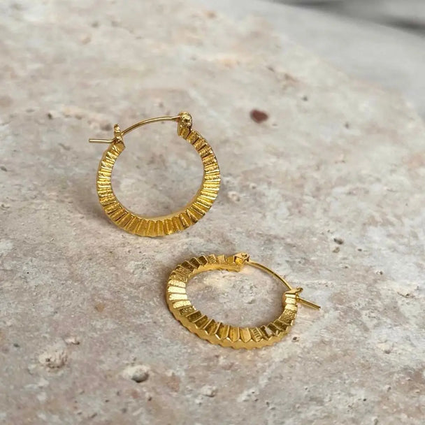 Kea Ridged Gold Hoops 22mm artisan handcrafted 22K gold on recycled brass ridged design earrings