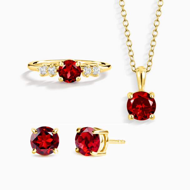 Garnet everyday jewellery set with 18k gold vermeil necklace, ring, and stud earrings with round cut red garnet gemstones